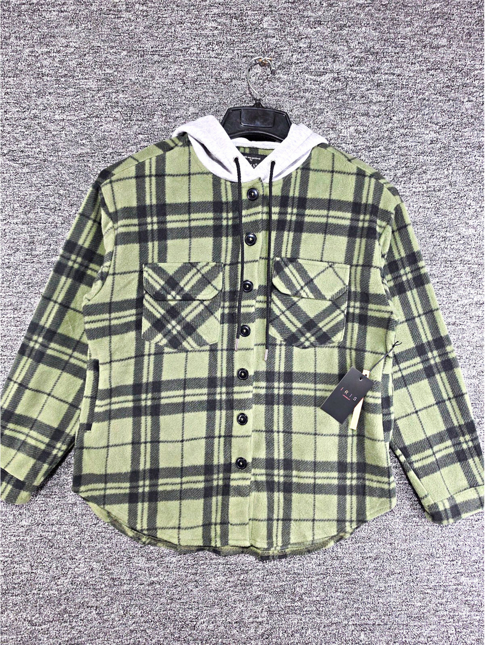 IRIS Men's Green/Black Plaid Hooded Shacket Jacket Button Front Pockets M